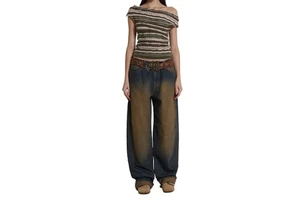 High-Quality Custom Loose-Fit Monkey Wash Wide Leg Women's Denim Jeans With Unique Vintage Style