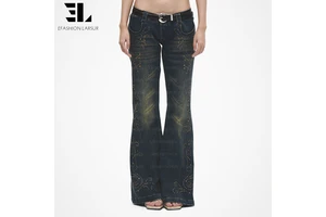LARSUR Custom Denim Factory Premium Rhinestone Jewelry Studded Flare Pants Distressed Vintage Wash Slim Fit Bootcut Jeans Women
