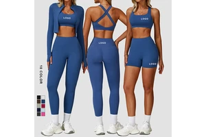 Wholesale Private Label Fitness Clothing Women Gym Sport Wear Butt Lift Yoga Leggings Women Long Sleeve 4 Piece Workout Sets