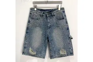 High Quality Custom Men's Jeans High Street Rhinestone Washing Distressed Denim Shorts Jeans for Men
