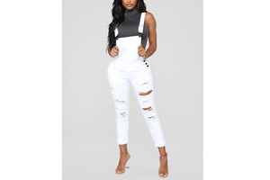 Custom Denim Women's Work Overalls White Plus Size Rompers and Jumpsuit Distressed Skinny Jeans Pants