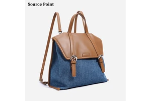 Korean Leisure Shoulder Bag Denim Large Capacity Backpack For Women Commuting Work Cowhide Denim Patchwork Outdoor Back Pack