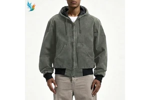 Custom Distress Wash Faded Heavy Canvas Hood Work Jacket Quilted Lined Worker Detroit Carpenter Men Jacket