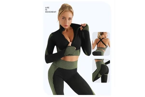Custom Logo 3pcs Activewear Shockproof Sports Bra Seamless Long Sleeves Jumpsuit for Women Breathable Yoga Leggings
