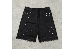 EIDEO OEM ODM Custom Summer Vintage Street Wear Heavyweight Denim Shorts Manufacturers Men's Baggy Denim Shorts Rhinestone Jorts