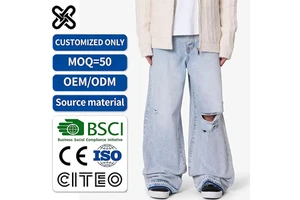 Custom Light-wash Men Denim Jeans High Quality Distressed Hem Baggy Jeans