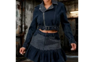 Women's Autumn Solid Pattern Knee Woven Denim Skirt Suit Blazer Belt Ruffled Casual Party Shopping Night Button Zipper One Set