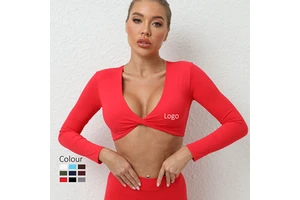 Women Twist Front Long Sleeve Yoga Crop Top Deep V Neck Workout Activewear Top
