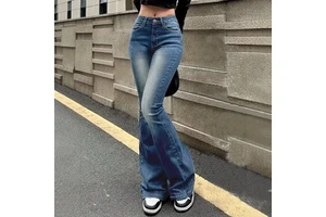 Women's Summer Hip Hop Regular Fit Mid Waist Retro Flared Denim Jeans Nylon/Cotton Medium Wash In Stock