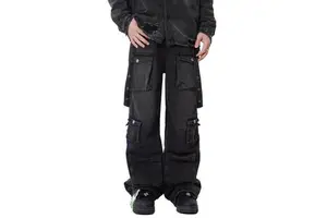 Custom Men's Hip Hop Big Pocket Cargo Denim Jeans Acid Wash Baggy Oversized Heavyweight Straight Leg Trousers Patchwork Pattern