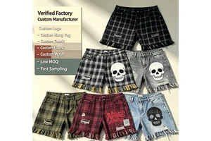Custom Summer Flannel Shorts Streetwear Jorts Denim Shorts Skull Embroidery Plaid Print Tassel Vintage Hip Hop Men's Shorts