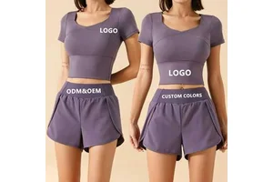 Women Yoga Set 2 Piece V-Neck Short Sleeve Crop Top and High Waist Running Shorts Gym Fitness Workout Clothing Activewear