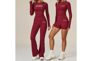 Women's High-Waisted Yoga Fitness Sports Suit Plus Size Long-Sleeved Slim-Fit Tight-Fitting Sweat-Wicking Breathable Front Solid