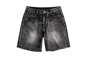 High Street Style Men Denim Rhinestone Shorts Loose Fit Breathable Cotton Casual Summer Men Denim Shorts Custom Sizes