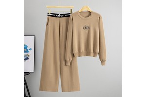 Cross-Border Elegant Casual Women Autumn Winter New Simple Fashion Letter Sweater Wide-Leg Pants Two-Piece Set Trendy 0710