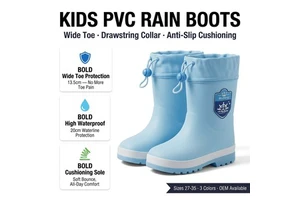 Kids Thick PVC Rain Boots Adjustable Drawstring Waterproof Collar Protective Toe Cap Anti Slip Mid Calf Gumboots For Outdoor