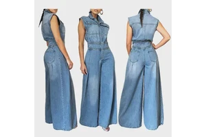 Yuhong Women One Piece Denim Jeans Overalls Sleeveless High Waist Turn Down Collar Wide Leg Long Pants Rompers Denim Jumpsuit