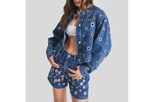 Custom Metal Ring Design Vintage Style 2 Piece Set Women's Denim Jacket & Shorts Set for Autumn Winter Factory Direct Sales
