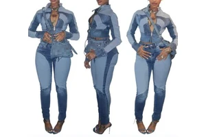 N8196-trendy Women Clothing Vintage Patchwork Washed Denim Casual Two Piece Suit Jeans Sets for Women