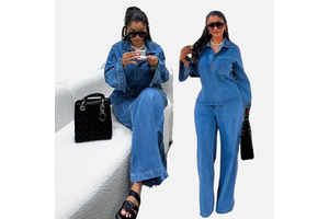 Y6561 Denim Suit for Women Long Sleeve Lapel Pocket Top + Lace up Straight Jeans Set Outfits for Women Denim Set for Ladies