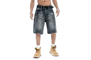 2025 Summer Men Custom Distressed Design Jeans Shorts Vintage Streetwear Printed Logo Black Stone Washed Denim Short Jorts