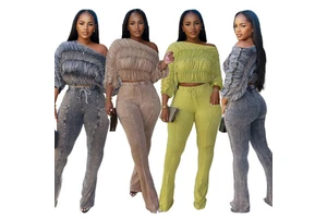 Autumn Winter New Fashion Long Sleeve Denim Suit with Acid Wash Patchwork One-Line Neck Design and Casual Long Pants Set