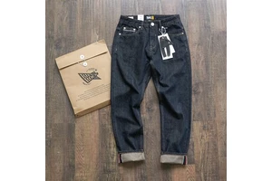 Red-Edged Denim Raw-Color Casual Mens American-Style Loose-Fit Mid Waist Medium Wash Vintage Straight-Leg Slim-Fit Jeans