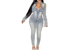 Women's Fall Winter Fashion Denim Jumpsuit Long-Sleeve Zipper Jacket with Skinny Elastic Jean Overall Pants for All Seasons