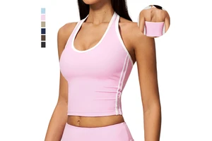 Women Yoga Crop Top Backless Halter Tank Top Contrast Stitch Lightweight Breathable Stretch Quick Dry Women Fitness Workout Top