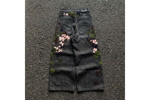 High Quality Custom Designer Raw Selvedge Baggy Denim Jeans Men's Artistic Embroidery Wide Leg Vintage Jeans MOQ Private Label