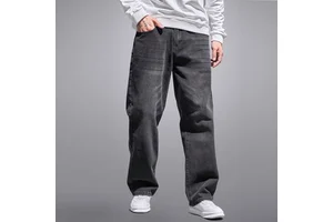 Men's Wide Leg Stonewashed Denim Pants Elastic Waist Cotton Casual Autumn Midweight Trousers