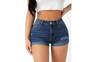 2025 High Quality Women's Denim Shorts with Belt Distressed Design Skinny Fit 100% Cotton-Factory Cheap Price