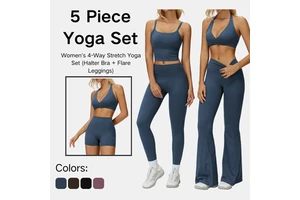 Women Is 5-Piece Yoga Set With Halter Neck Sports Bra Tank Top High Waist Leggings Flared Pants and Shorts