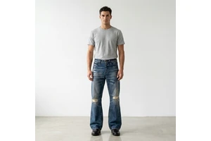 Vintage Straight Loose Fit Washed Blue Cat Whisker Patch Denim Pants With Hole And Trumpet Shape For Men
