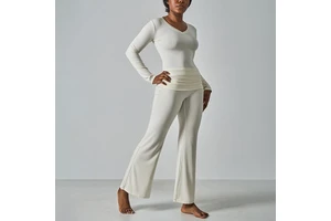 SK1370&SK1365-1 Women's Solid Breathable Modal Yoga Sets with Lace V-neck Long Sleeve Top and Double-layer Ruched Waist Pants