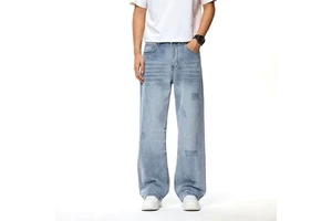 DOMEI Men's Trendy Style Acid Washed Jeans High Vintage Flared Straight Leg Pants Winter Solid Denim Versatile Long Baggy Pants