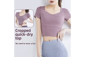 New Style Yoga Wear Sports Top Womens Cropped Spliced Running Tight Padded Cups Nude-Look Fitness Short-Sleeve Sweat-Wicking