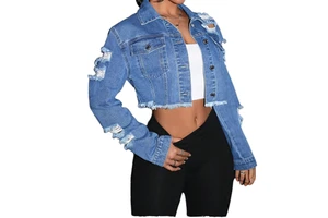 Women's Spring Hooded Denim Coat Single Breasted Short Vintage Casual Washed Breathable Pockets