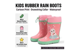 Kids Rubber Cartoon Rain Boots Soft Odor-Free Removable Fleece Lined Anti Slip Reflective Toddler Waterproof Wellies