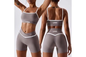 Custom Women V Cross Waist Scrunch Butt Yoga Shorts Set Contrast 2 Piece Workout Activewear Gym Spaghetti Strap Bra Custom Logo