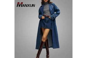 New Arrival Women's Jackets Belt Buttons Front Details Long Sleeves Side Pockets Trench Coat Ladies Longline Denim Jacket