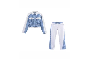 Customizable Women's Fashion Retro Lapel Casual Female Coat Jeans Long-sleeved Two-piece Set Splicing Denim Jackets