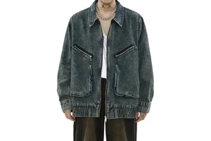 Custom Men's Vintage Crop Denim Moto Jacket Long Sleeve 100% Cotton Fall Winter Wear Casual Print Boxy Wash Boxy Crop Denim Moto