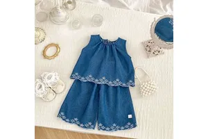 2026 New Summer Embroidered Denim Blend Outfit For Baby Girls Clothing Set Stylish Sleeveless Vest Top Wide-Leg Pants Set