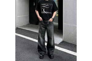 Hight Quality Loose Wide Leg Distressed Vintage Men Denim Pant Trousers Custom Designer Japanese Selvedge Raw Denim Baggy Jeans