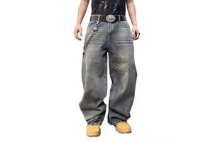 Factory Custom American Black Loose Fit Straight-leg Vintage Light Wash Denim Jeans Plus Size Men's Summer Autumn