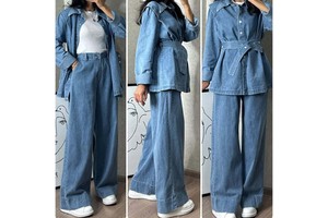 Europe and the United States New Women's Long-sleeved Denim Jacket + Wide-leg Jeans Two-piece Set