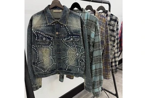 OEM Women's Denim Jacket Custom Green Wash Sun Faded Crystal Embellished Jackets Vintage Oversized Jacket For Men