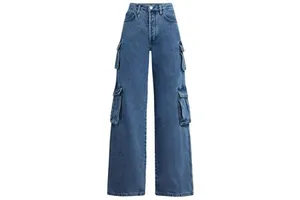 Mens Blue Denim Cargo Jeans Wide Leg Multi Pocket Utility Style Vintage Wash Cotton Casual Streetwear Pants For Men Jeans Styles