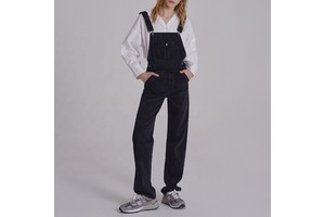 Hemp Cotton Straight Leg Black Denim Dungarees Rompers Loose Jean Overalls for Women